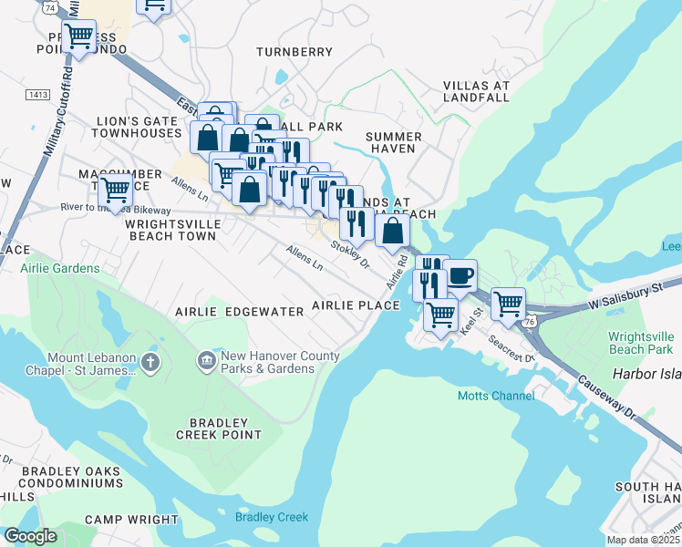 map of restaurants, bars, coffee shops, grocery stores, and more near 2260 Bel Arbor Place in Wilmington