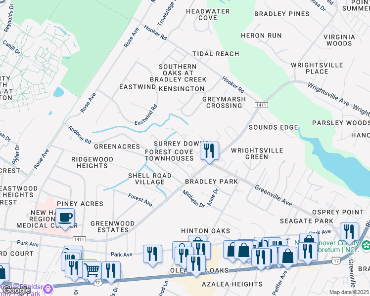 map of restaurants, bars, coffee shops, grocery stores, and more near 5608 Surrey Downs Court in Wilmington