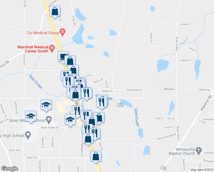 map of restaurants, bars, coffee shops, grocery stores, and more near 54 Ora Street in Boaz