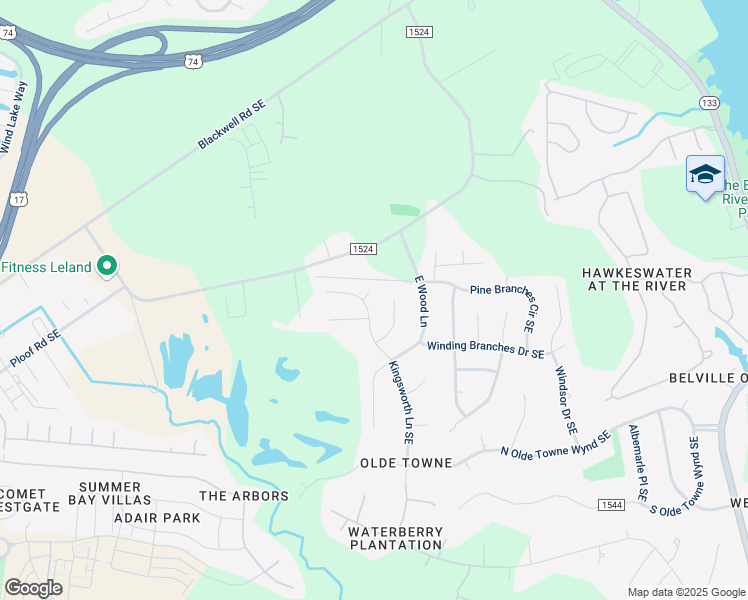 map of restaurants, bars, coffee shops, grocery stores, and more near 303 Northwoods Court Southeast in Leland