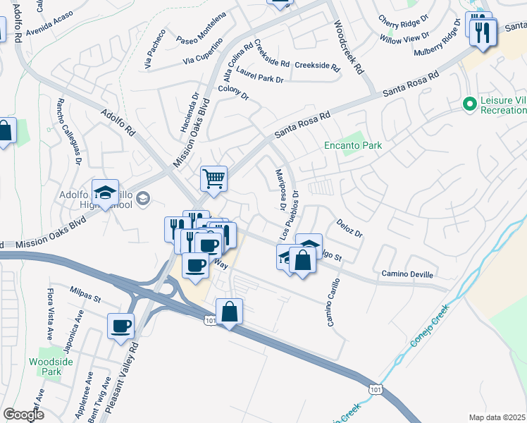 map of restaurants, bars, coffee shops, grocery stores, and more near 5187 Via Calderon in Camarillo