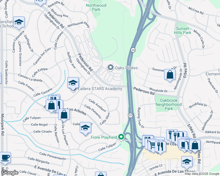 map of restaurants, bars, coffee shops, grocery stores, and more near 1505 Uppingham Drive in Thousand Oaks