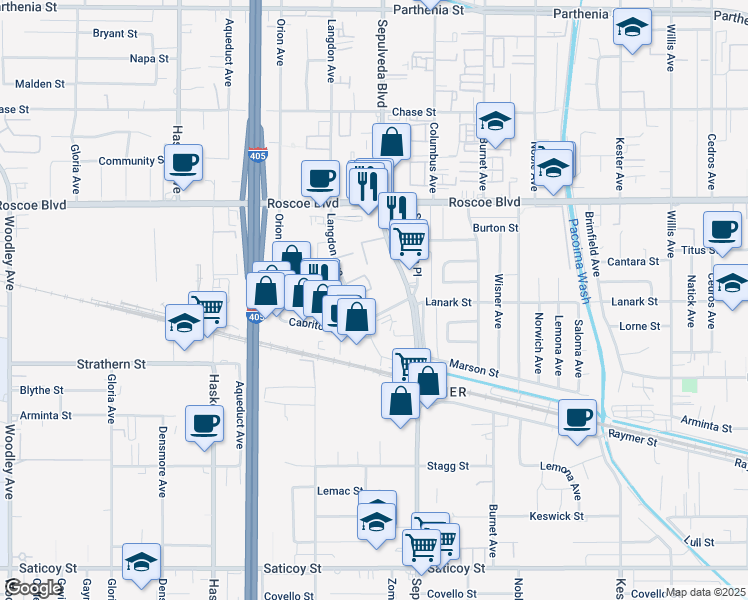 map of restaurants, bars, coffee shops, grocery stores, and more near 8070 Langdon Avenue in Los Angeles