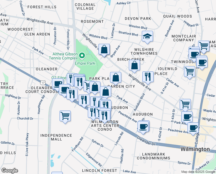 map of restaurants, bars, coffee shops, grocery stores, and more near 1204 Floral Parkway in Wilmington