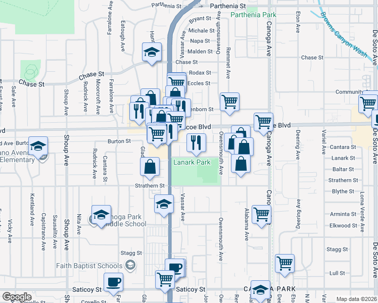 map of restaurants, bars, coffee shops, grocery stores, and more near 21909 Lanark Street in Los Angeles