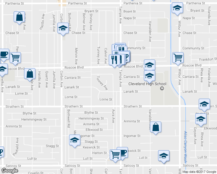 map of restaurants, bars, coffee shops, grocery stores, and more near 8132 Tunney Avenue in Los Angeles