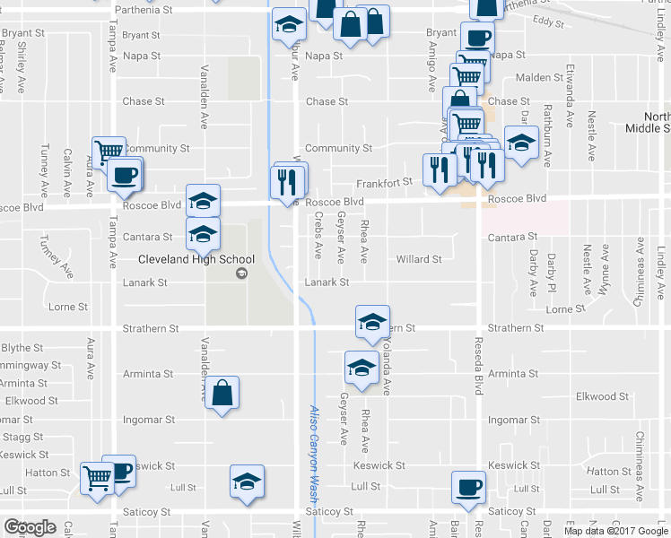 map of restaurants, bars, coffee shops, grocery stores, and more near 8119 Geyser Avenue in Los Angeles