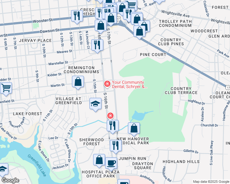 map of restaurants, bars, coffee shops, grocery stores, and more near 1501 South 17th Street in Wilmington