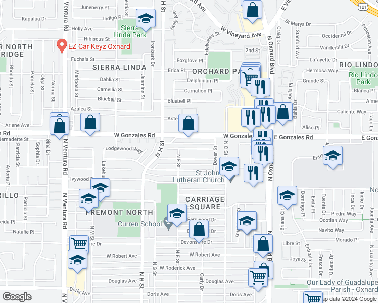 map of restaurants, bars, coffee shops, grocery stores, and more near 620 Lawnwood Way in Oxnard