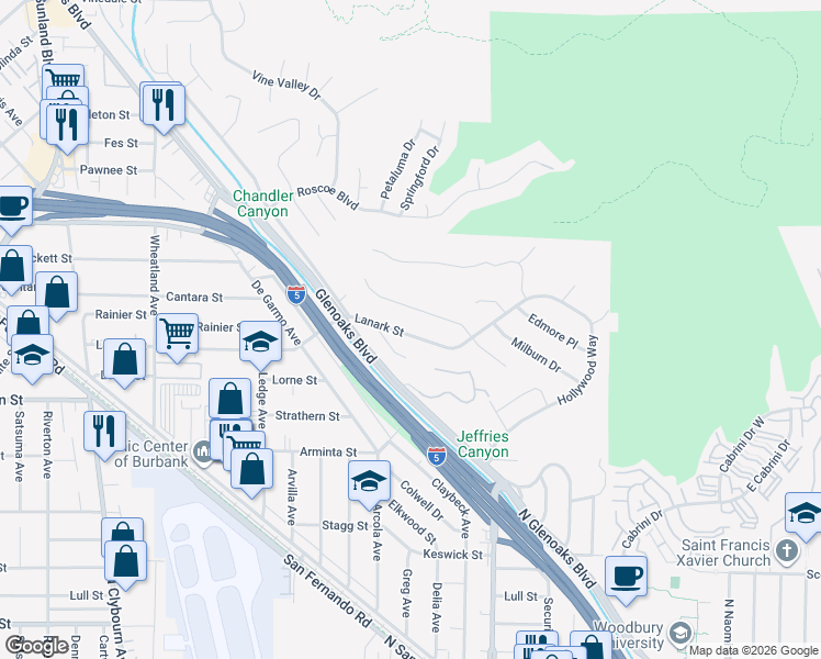 map of restaurants, bars, coffee shops, grocery stores, and more near 10137 Lanark Street in Los Angeles