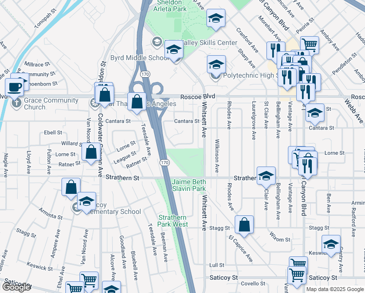 map of restaurants, bars, coffee shops, grocery stores, and more near 12554 Lorne Street in Los Angeles