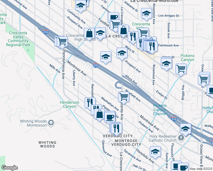 map of restaurants, bars, coffee shops, grocery stores, and more near 2905 Montrose Avenue in Glendale
