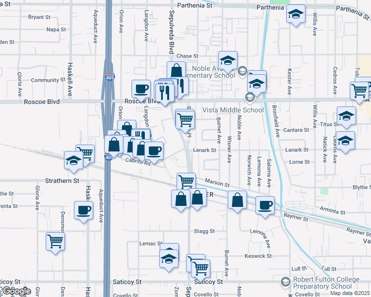 map of restaurants, bars, coffee shops, grocery stores, and more near 15301 Lanark Street in Los Angeles