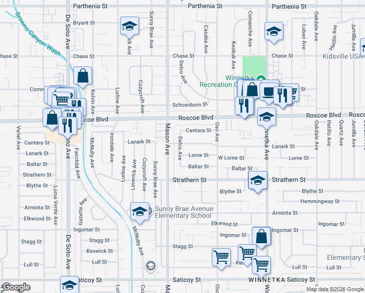 map of restaurants, bars, coffee shops, grocery stores, and more near 20416 Lanark Street in Los Angeles