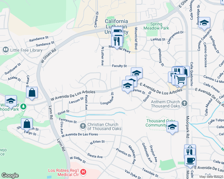 map of restaurants, bars, coffee shops, grocery stores, and more near 151 Odebolt Drive in Thousand Oaks