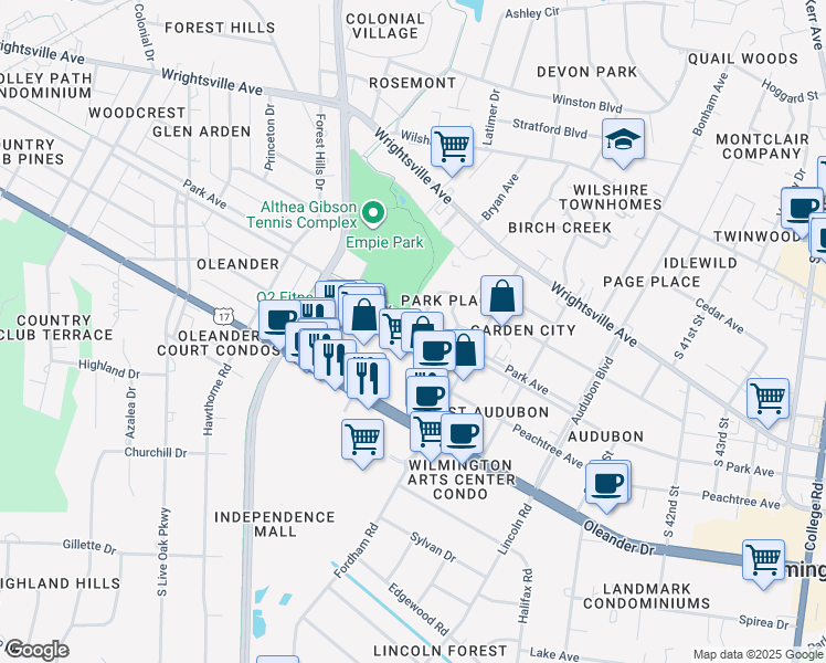 map of restaurants, bars, coffee shops, grocery stores, and more near 3501 Oleander Drive in Wilmington