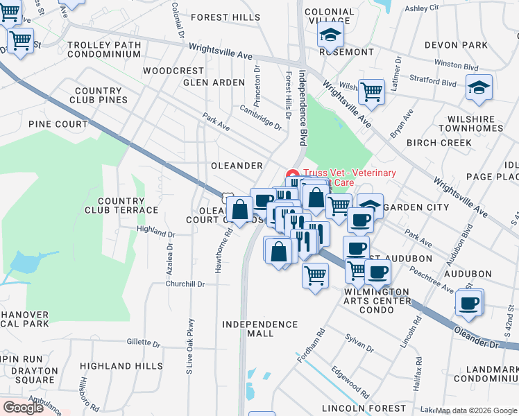 map of restaurants, bars, coffee shops, grocery stores, and more near 1436-1498 Independence Blvd in Wilmington