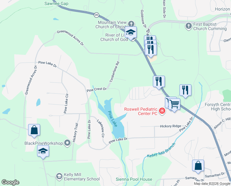 map of restaurants, bars, coffee shops, grocery stores, and more near 111 Pine Crest Drive in Cumming