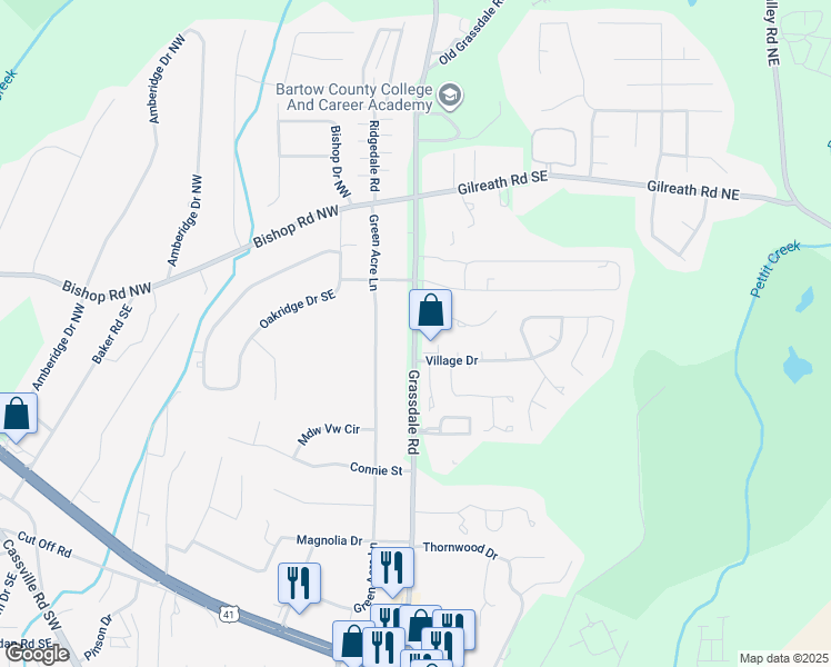 map of restaurants, bars, coffee shops, grocery stores, and more near 101 Rosewood Lane Southeast in Cartersville