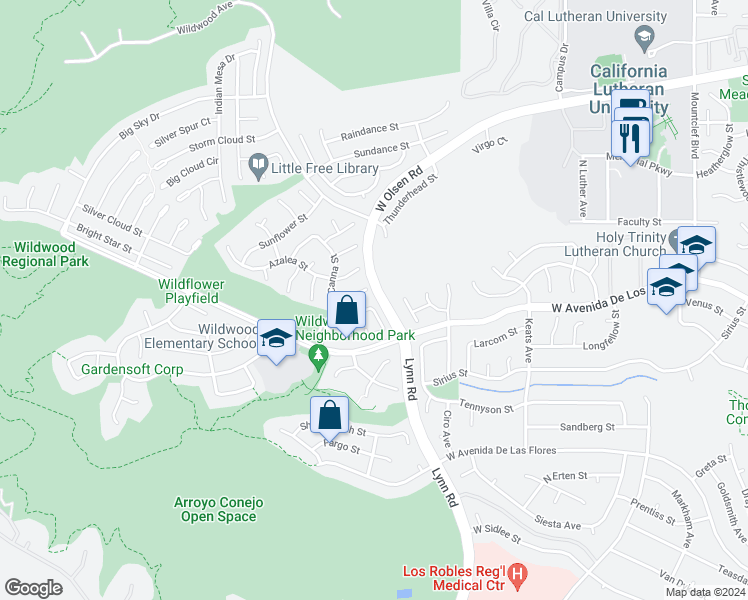 map of restaurants, bars, coffee shops, grocery stores, and more near 544 Timberwood Avenue in Thousand Oaks