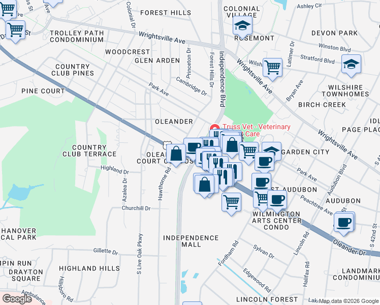 map of restaurants, bars, coffee shops, grocery stores, and more near 1436-1498 Independence Blvd in Wilmington