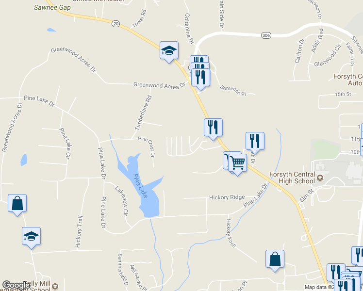 map of restaurants, bars, coffee shops, grocery stores, and more near 591 Sawnee Corners Drive in Cumming