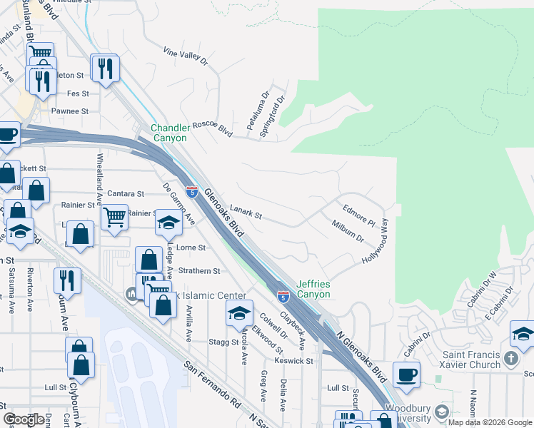 map of restaurants, bars, coffee shops, grocery stores, and more near 10137 Lanark Street in Los Angeles