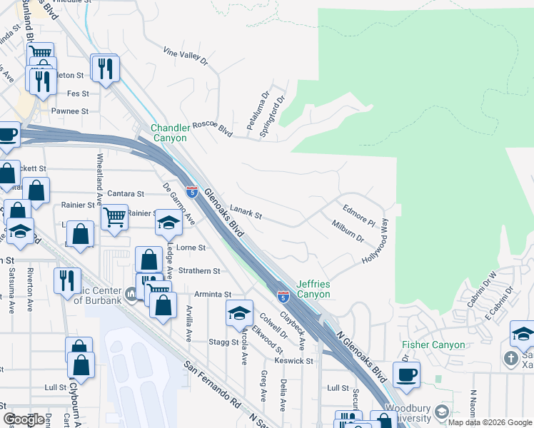 map of restaurants, bars, coffee shops, grocery stores, and more near 10137 Lanark Street in Los Angeles