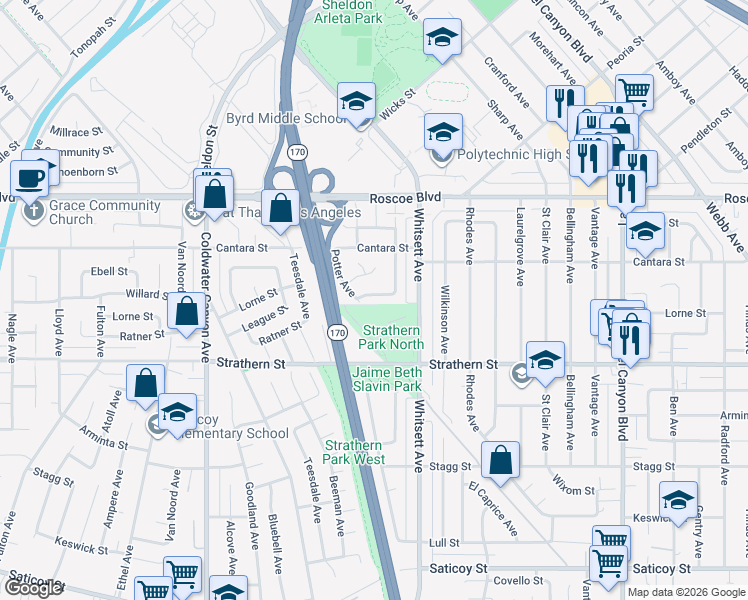 map of restaurants, bars, coffee shops, grocery stores, and more near 12554 Lorne Street in Los Angeles