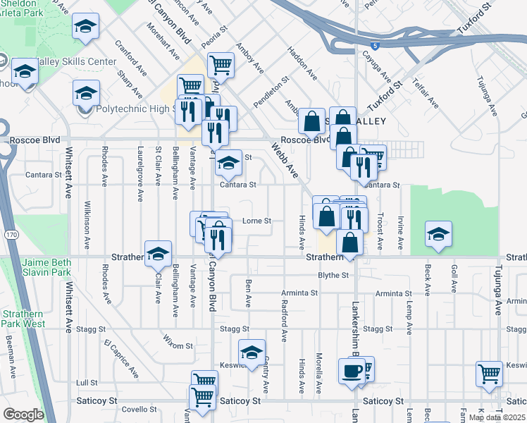 map of restaurants, bars, coffee shops, grocery stores, and more near 8111 Gentry Avenue in Los Angeles