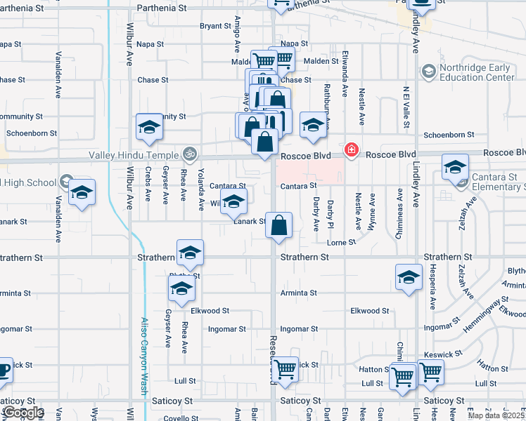 map of restaurants, bars, coffee shops, grocery stores, and more near 8111 Reseda Boulevard in Los Angeles