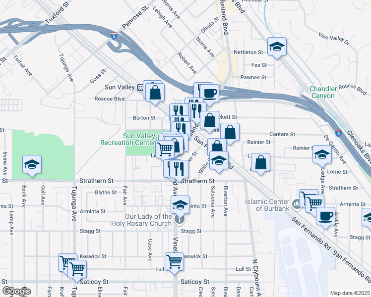 map of restaurants, bars, coffee shops, grocery stores, and more near 8132B Sunland Boulevard in Los Angeles