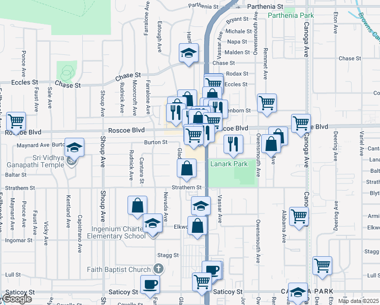 map of restaurants, bars, coffee shops, grocery stores, and more near 8201 California 27 in Los Angeles