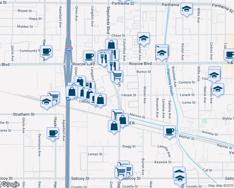 map of restaurants, bars, coffee shops, grocery stores, and more near 15301 Lanark Street in Los Angeles