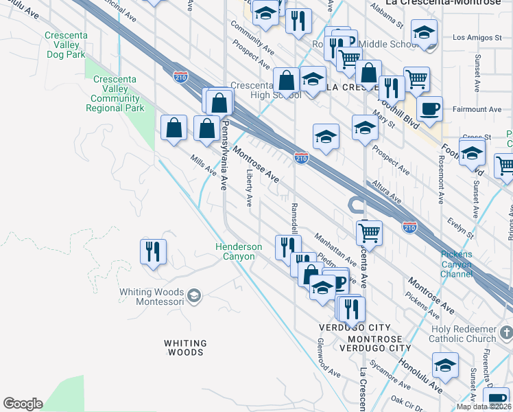 map of restaurants, bars, coffee shops, grocery stores, and more near 3939 Cloud Avenue in Glendale