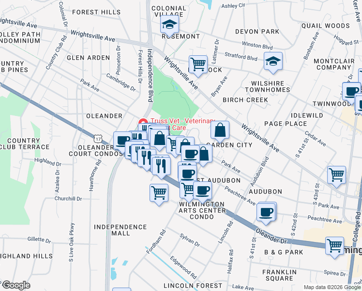 map of restaurants, bars, coffee shops, grocery stores, and more near 3501 Oleander Drive in Wilmington