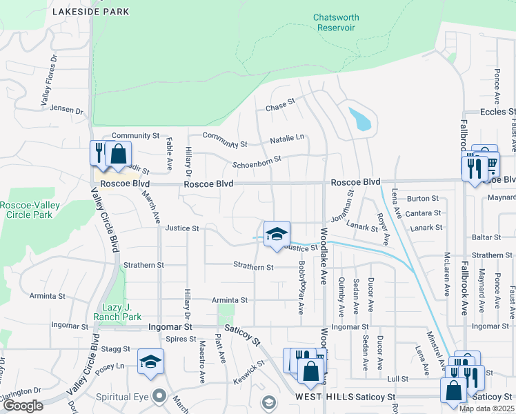 map of restaurants, bars, coffee shops, grocery stores, and more near 23352 Burton Street in Los Angeles