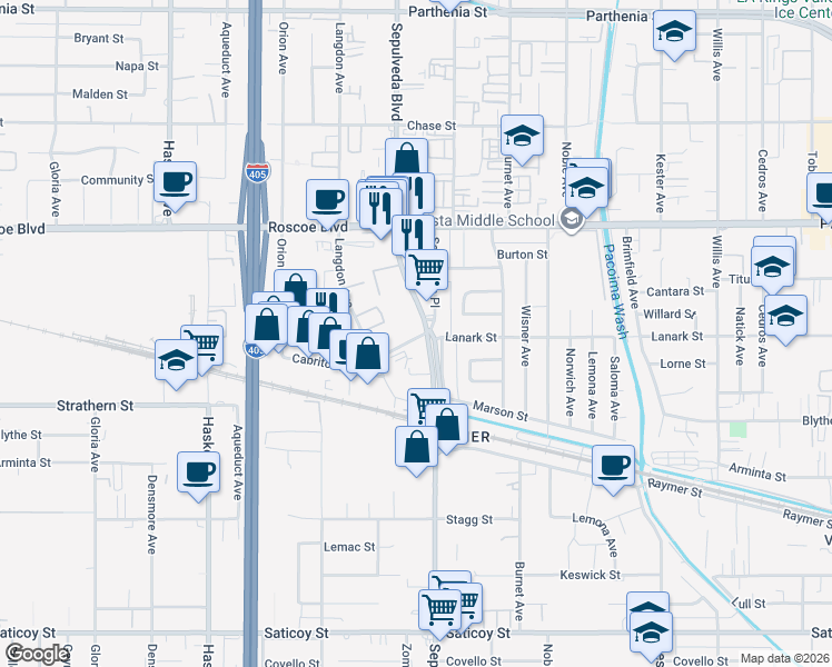 map of restaurants, bars, coffee shops, grocery stores, and more near 15301 Lanark Street in Los Angeles