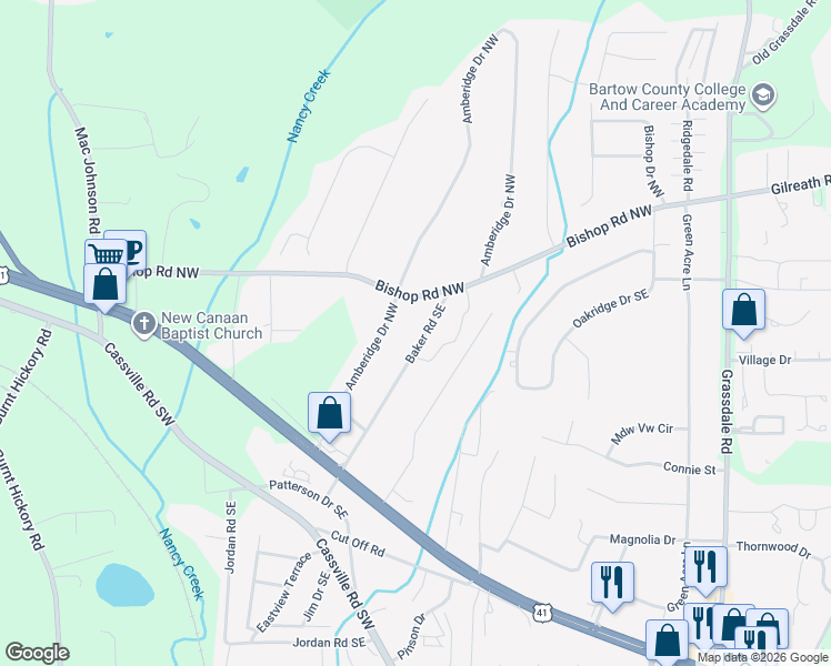 map of restaurants, bars, coffee shops, grocery stores, and more near 67 Baker Road Southeast in Cartersville