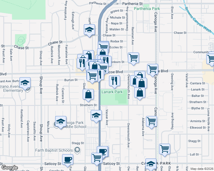 map of restaurants, bars, coffee shops, grocery stores, and more near 21909 Lanark Street in Los Angeles