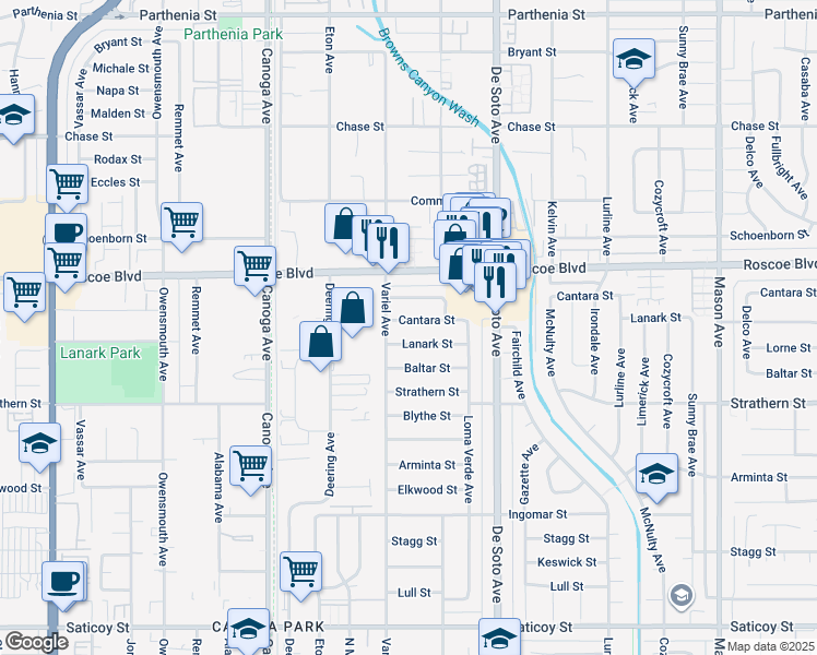 map of restaurants, bars, coffee shops, grocery stores, and more near 21032 Cantara Street in Los Angeles