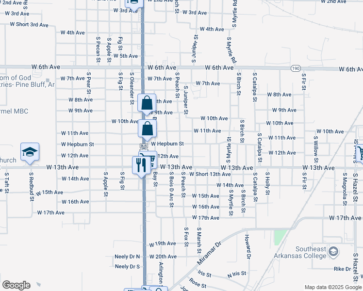 map of restaurants, bars, coffee shops, grocery stores, and more near 3520 West Hepburn Street in Pine Bluff