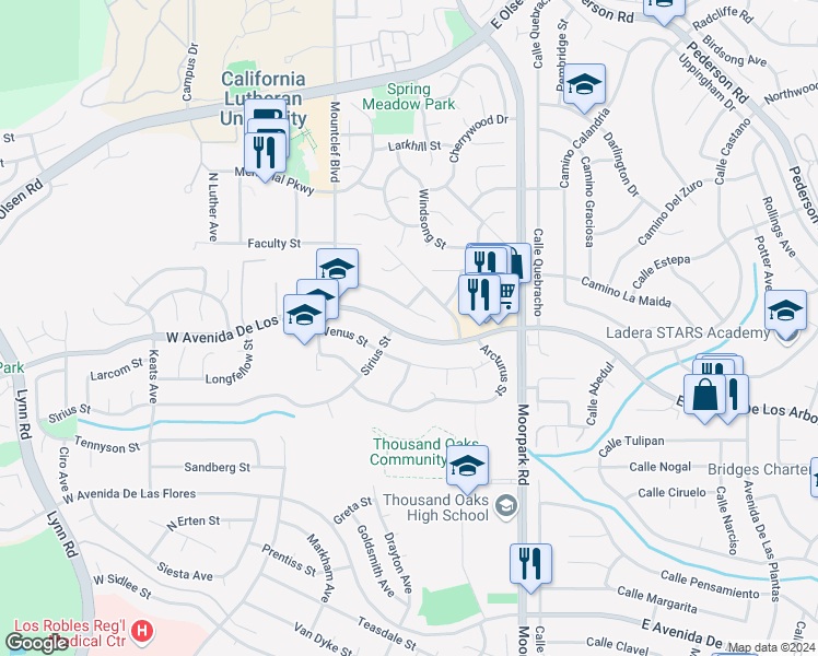 map of restaurants, bars, coffee shops, grocery stores, and more near 145 East Avenida De Los Arboles in Thousand Oaks