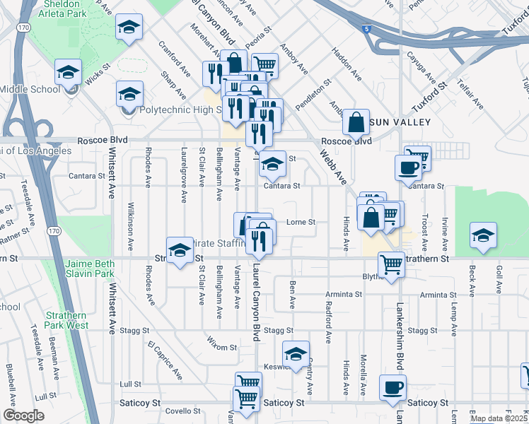 map of restaurants, bars, coffee shops, grocery stores, and more near 8141 Agnes Avenue in Los Angeles