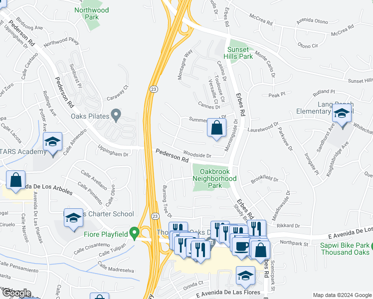 map of restaurants, bars, coffee shops, grocery stores, and more near 1765 Woodside Drive in Thousand Oaks