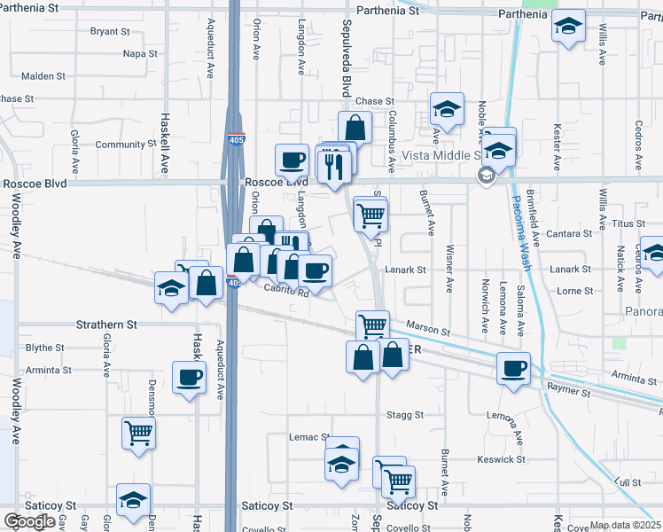 map of restaurants, bars, coffee shops, grocery stores, and more near 8080 Langdon Avenue#6 in Los Angeles