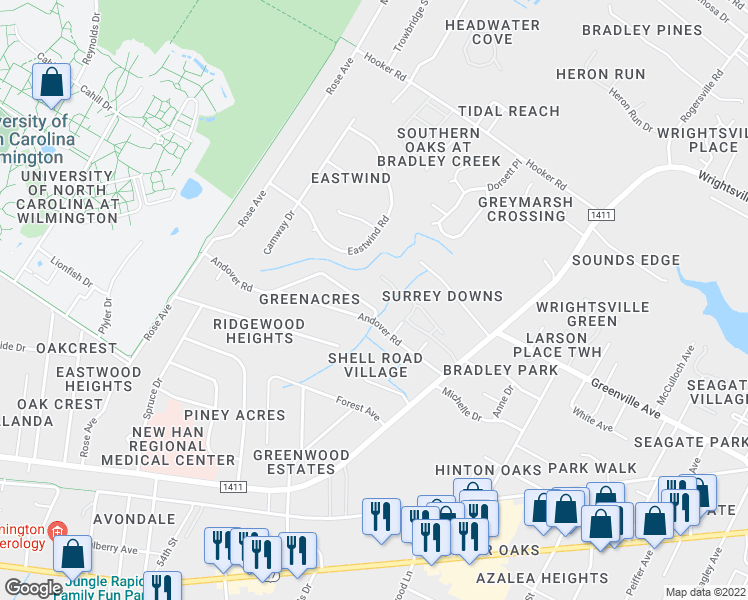 map of restaurants, bars, coffee shops, grocery stores, and more near 5465 Overbrook Road in Wilmington