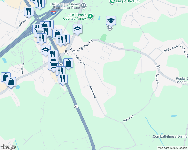 map of restaurants, bars, coffee shops, grocery stores, and more near 3636 East Bolding Road in Flowery Branch