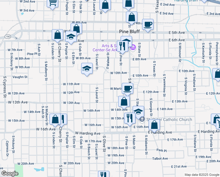 map of restaurants, bars, coffee shops, grocery stores, and more near 407 West Martin Place in Pine Bluff