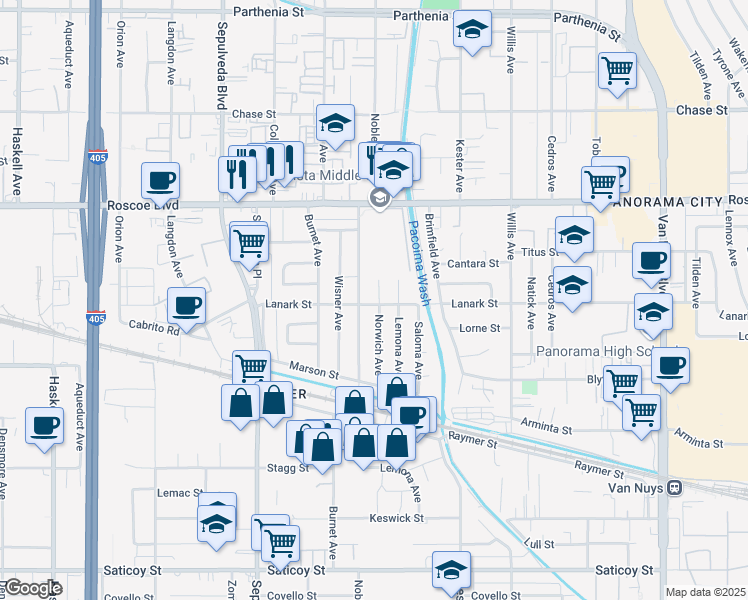 map of restaurants, bars, coffee shops, grocery stores, and more near 8101 Norwich Avenue in Los Angeles